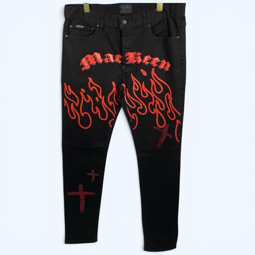 Mackeen Gothica Jeans Men's Skinny Slim Fit Black Flames 36x34